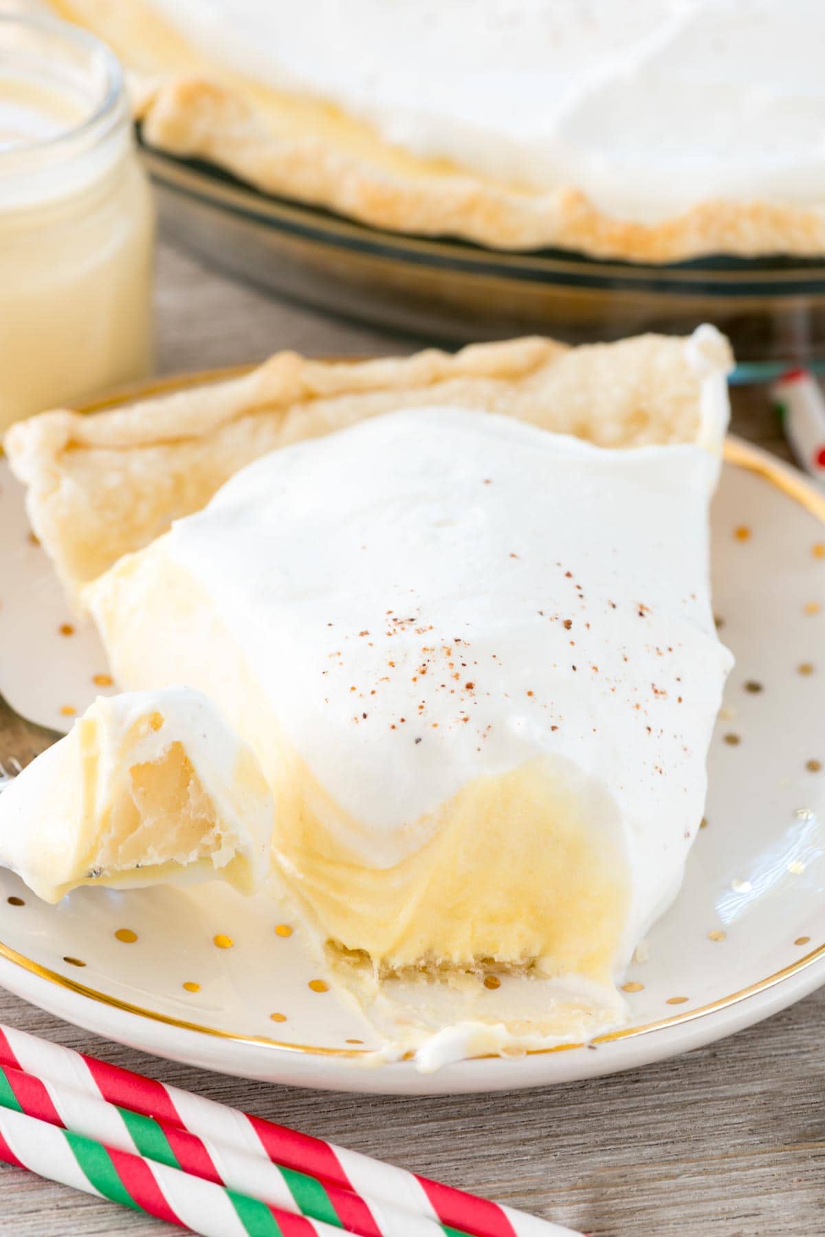 Easy Eggnog Pie - this cream pie recipe has only 4 ingredients! It's light and airy and tastes just like eggnog in a pie crust.