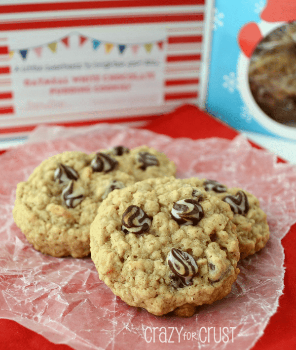 oatmeal white chocolate pudding cookies on wax paper on red napkin