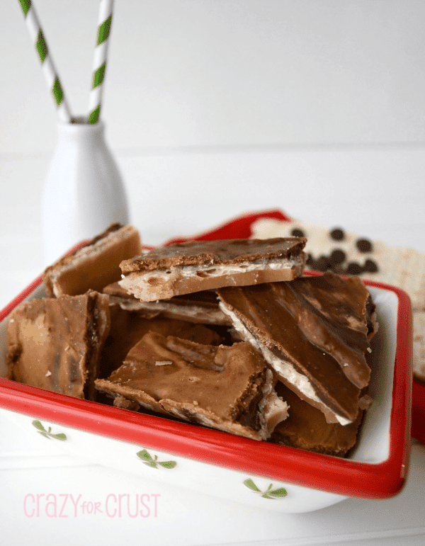 peanut butter chocolate toffee bark in christmas dish