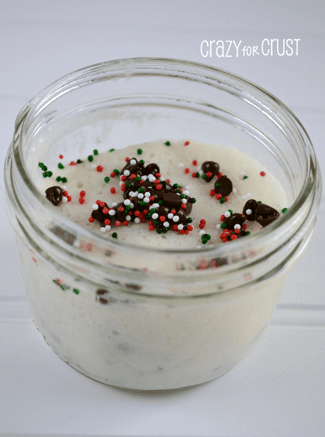 almond cake in a jar with christmas sprinkles 