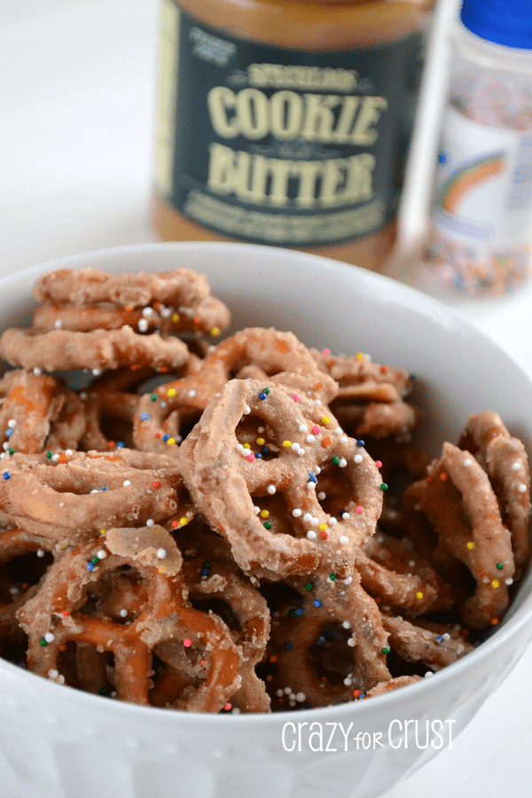 biscoff pretzels in white bowl