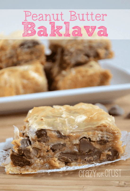 Peanut Butter Baklava on a white doily with title