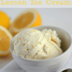 easy skinny lemon ice cream in white bowl on white napkin with lemons