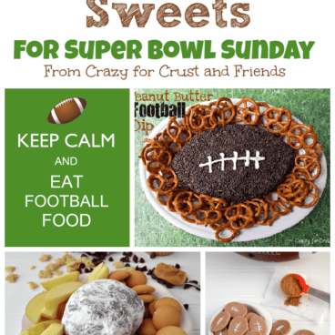 5 picture collage of football sweets including dip, cookies and candy, with graphic image on the top.
