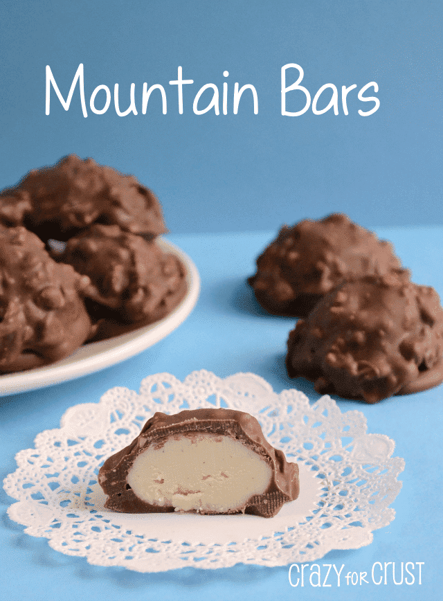 Mountain Bars on a white doily with blue background