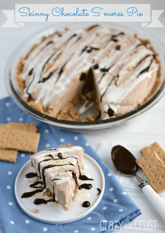 skinny chocolate smores pie on white plate with title