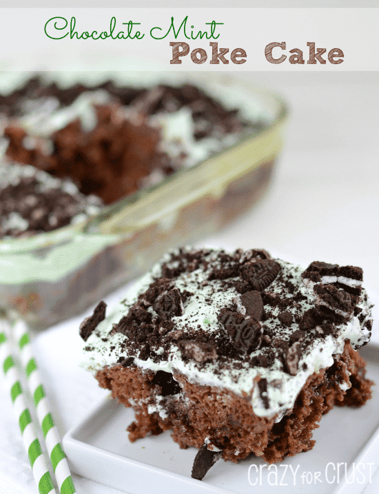 Chocolate-Mint-Poke-Cake-on white plate with title