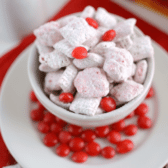 Red Hots Muddy Buddies in white bowl