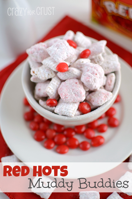 red hots muddy buddies in white bowl