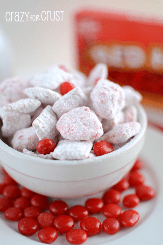 red hots muddy buddies in white bowl