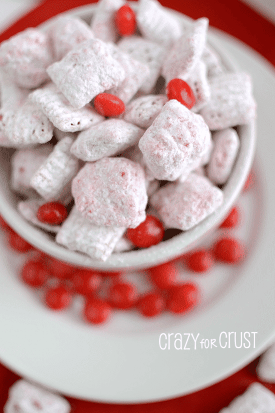 red hots muddy buddies in white bowl