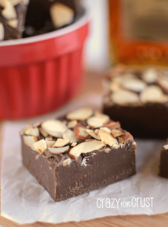 amaretto fudge on parchment paper with title