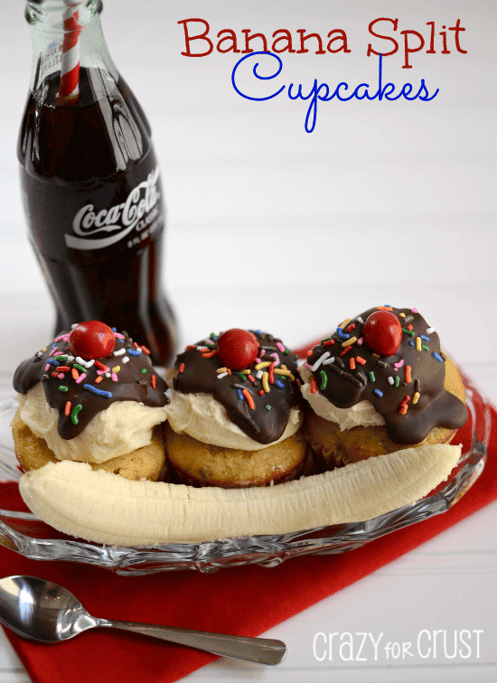 banana-split-cupcakes- in glass dish, next to a coke bottle, with title