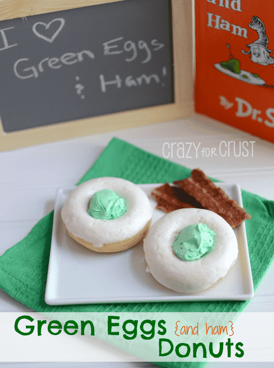 green eggs donuts on white plate