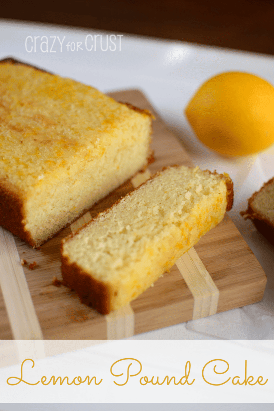lemon-pound-cake-slice on cutting board with title