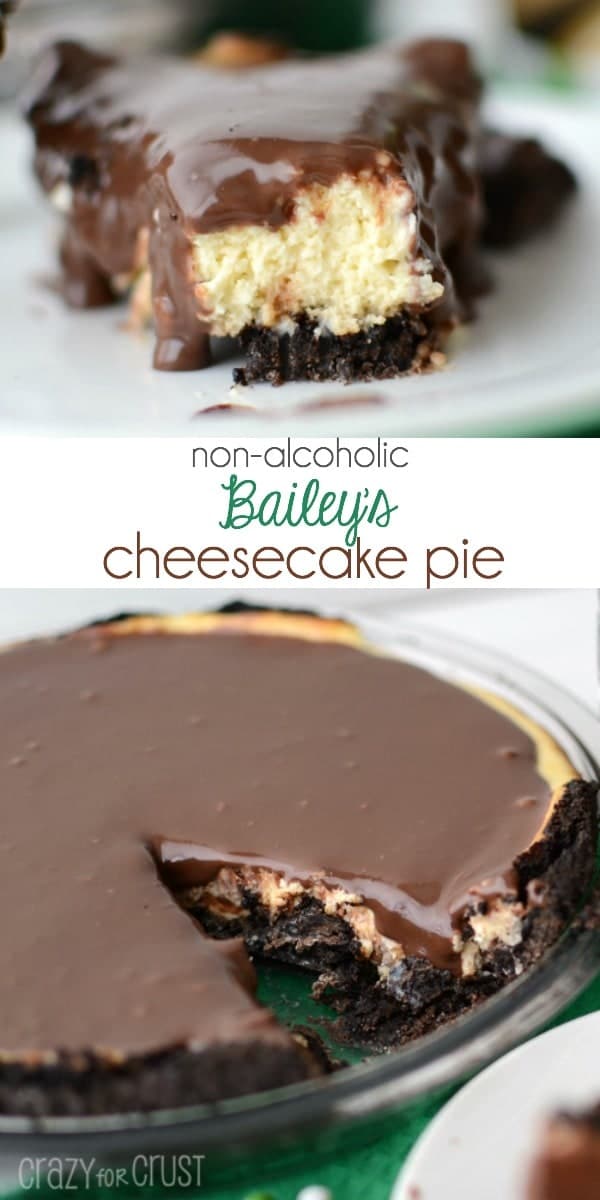 baileys irish creamer cheesecake pie with slice on white plate with bite missing and slice of pie missing collage