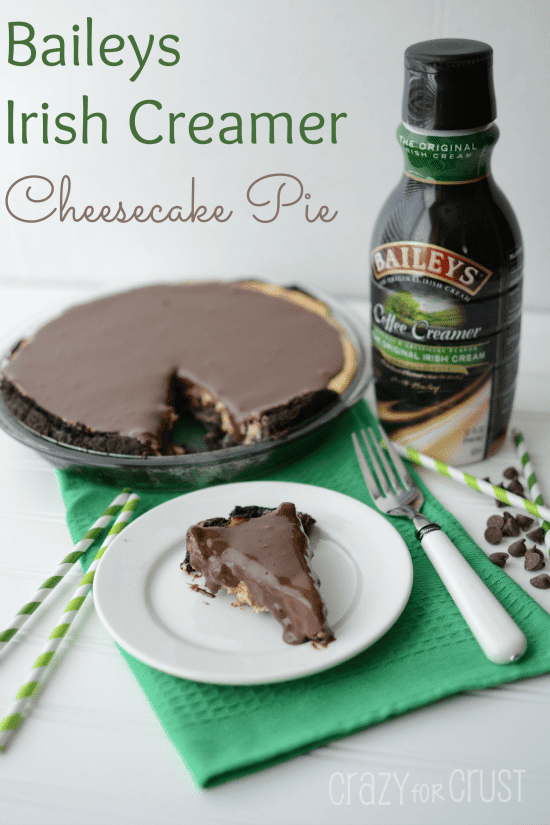 baileys irish creamer cheesecake pie with slice on white plate