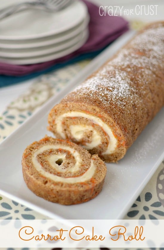 Carrot-Cake-Roll on white tray with title