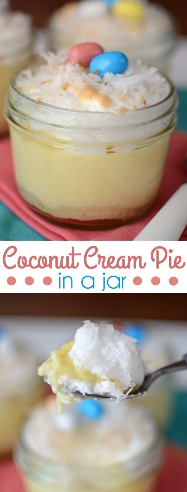 coconut cream pies in jars with jelly beans on top collage