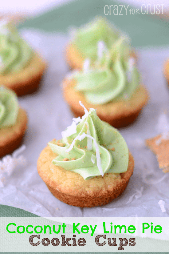 coconut cookie cups with lime buttercream on parchment paper