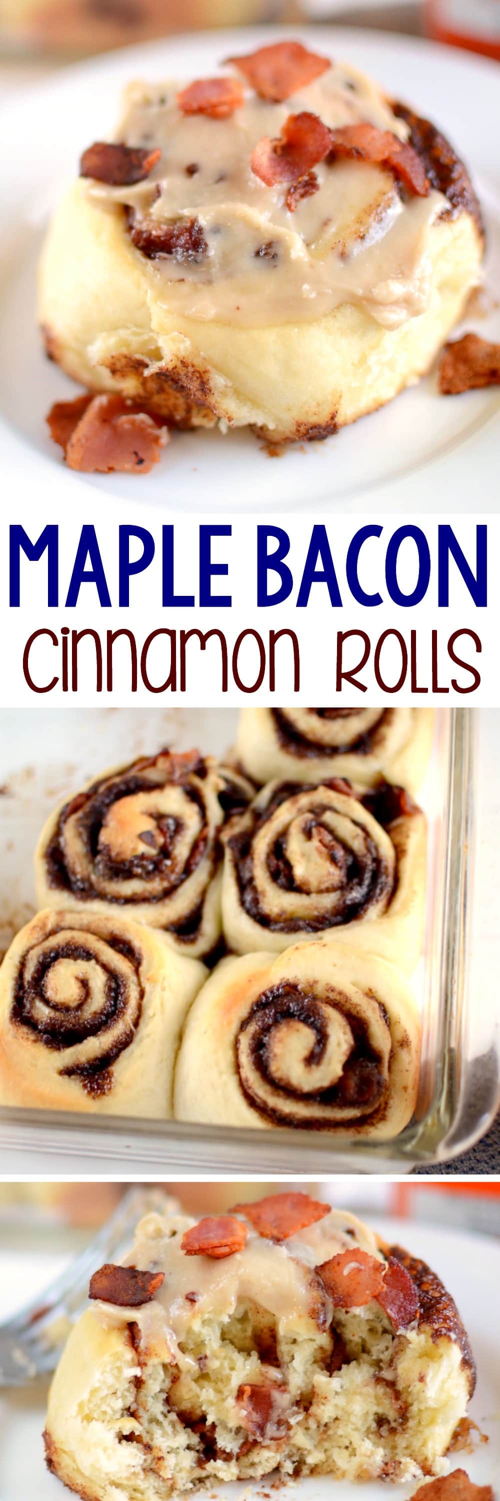 Bacon Maple Cinnamon Rolls - this easy cinnamon roll recipe has super fluffy dough filled with a buttery brown sugar mixture and BACON! The maple syrup glaze is perfect with the bacon on top! Homemade cinnamon rolls are so easy!