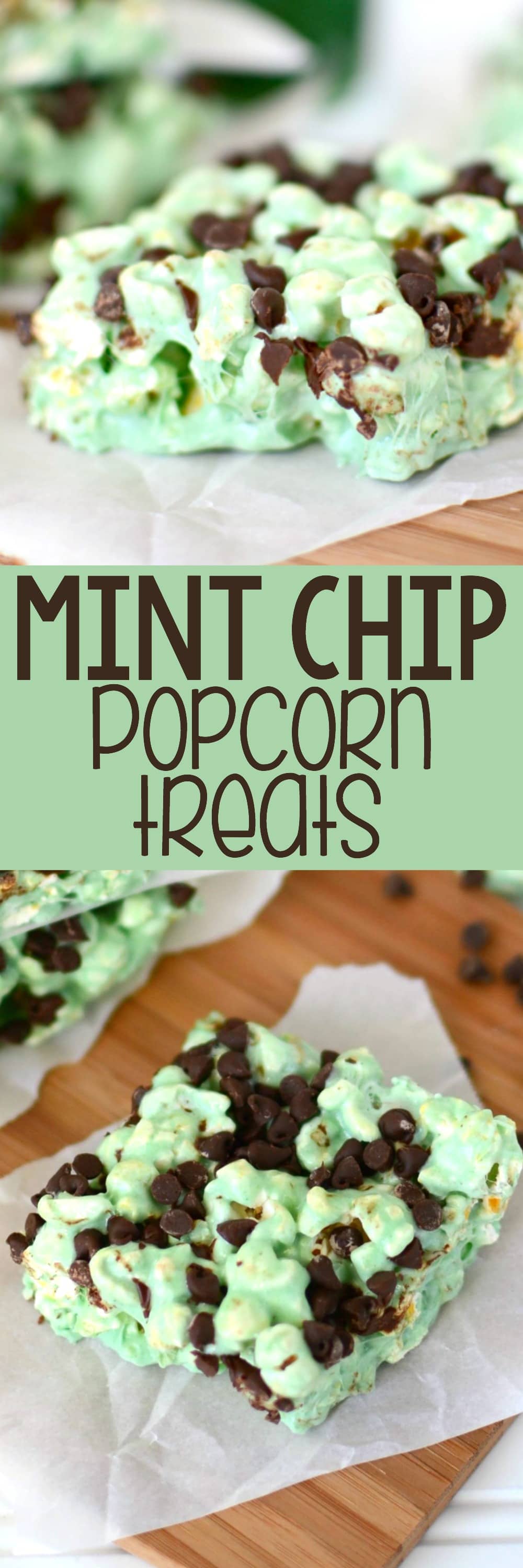 mint chocolate popcorn treats on parchment on cutting board collage photos