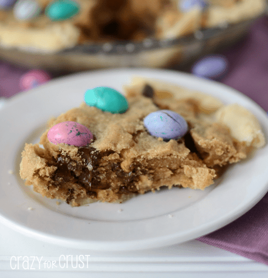 slice of peanut butter cookie pie on white plate