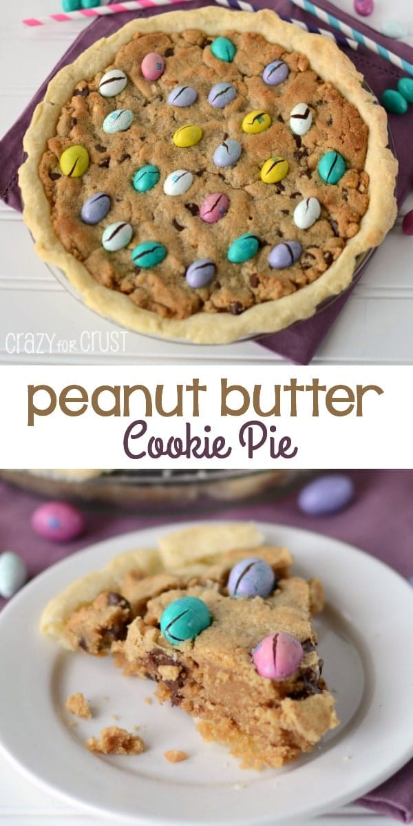 peanut butter cookie pie overhead with easter egg m and ms on purple napkin collage