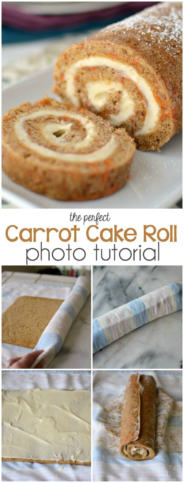 carrot cake roll sliced on white platter and process photos collage