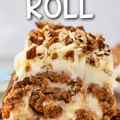carrot cake roll on white serving dish