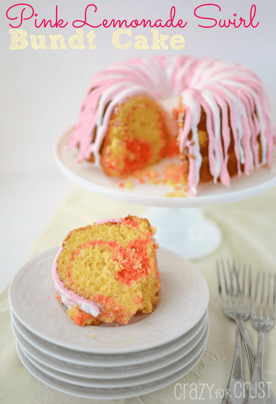 pink lemonade swirl bundt cake on stack of white plates