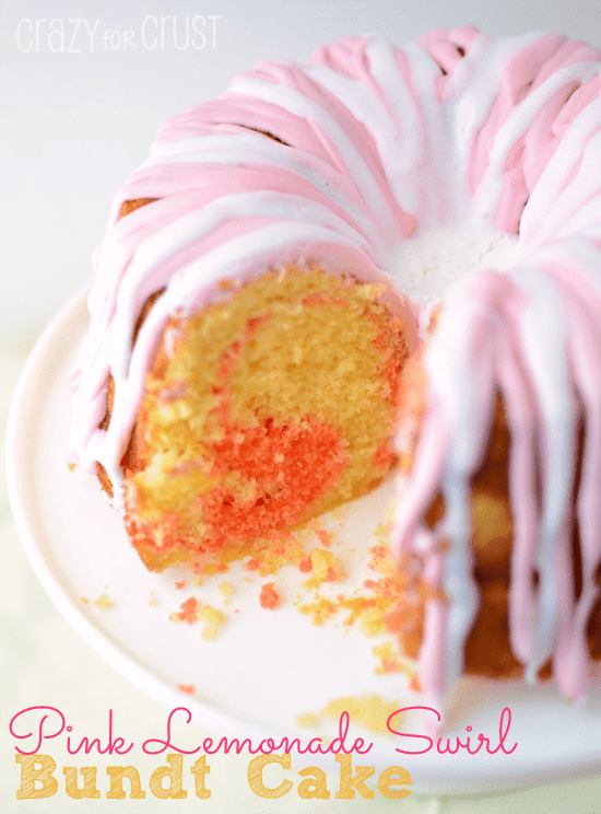 pink lemonade swirl bundt cake close up of sliced cake