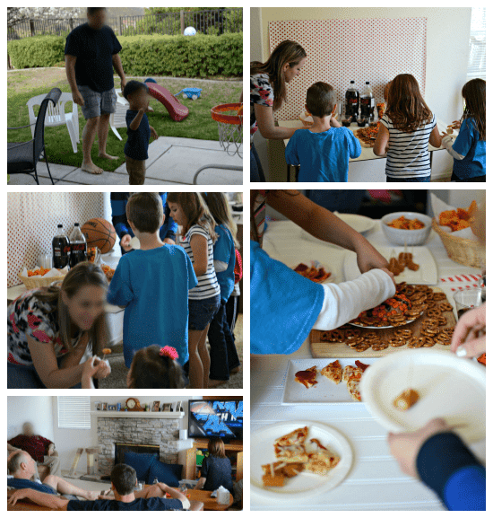 Photo collage of people at the basketball party having a good time and eating