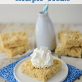 banana cream pie rice krispie treat on white plate with blue napkin and milk bottle behind with words on photo