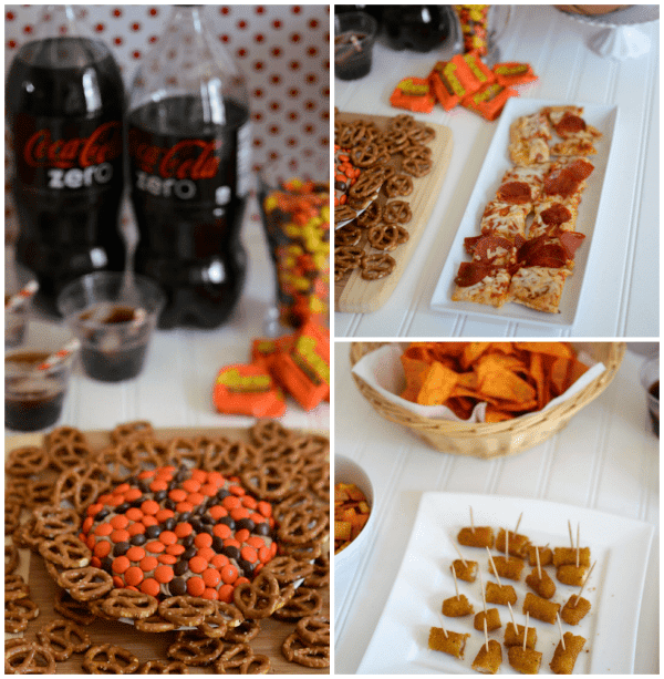 Collage of three photos showing party appetizers and Reese's basketball dip