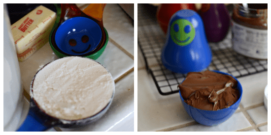 Collage of photos showing Kizmos Cups on kitchen counter filled with ingredients