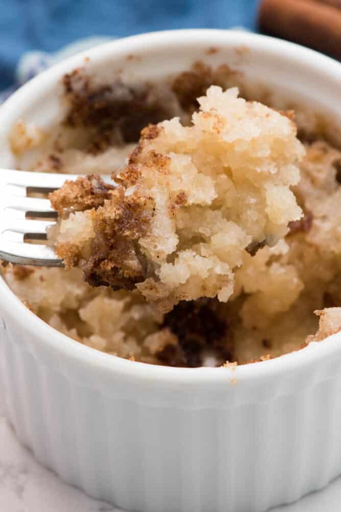 bite of mug coffee cake on fork