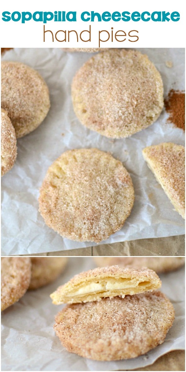 Sopapilla Cheesecake Hand Pies - an easy sopapilla with no frying! Baked hand pies filled with cheesecake and dipped in cinnamon sugar for a twist on a favorite cinco de mayo recipe!