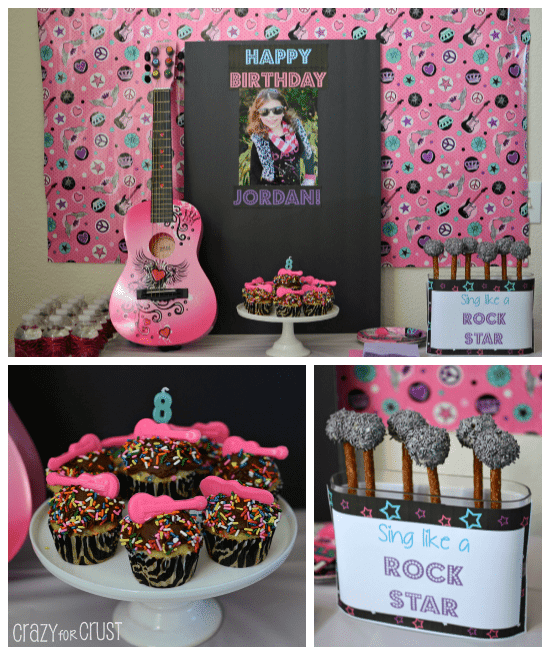 VIP Rock Star Party dessert table collage with cupcakes and cake pops