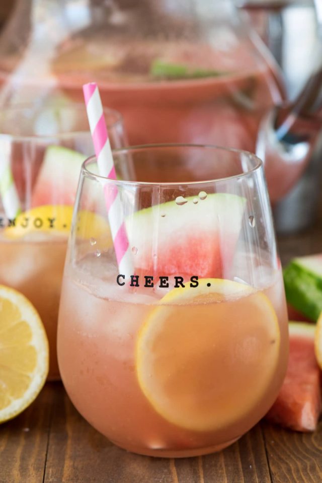 Watermelon Margarita in a stemless cocktail glass