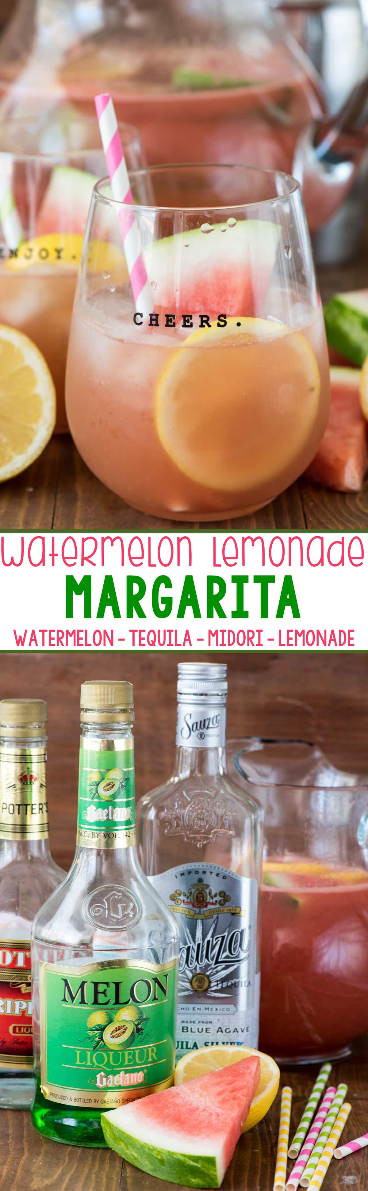 Watermelon Lemonade Margarita - this easy cocktail punch recipe has lemonade mixed with watermelon juice, tequila and midair! Make it for one or a party easily, or make it non-alcoholic for the kids!