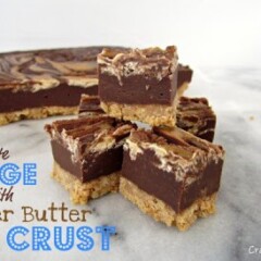 chocolate fudge with a peanut butter swirl and crust with words on photo