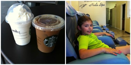 Mommy and daughter date photo collage of starbucks drinks and pedicures