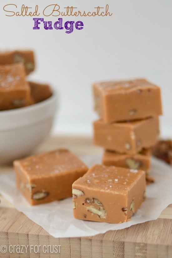 Salted-Butterscotch-Fudge stack on parchment paper with title