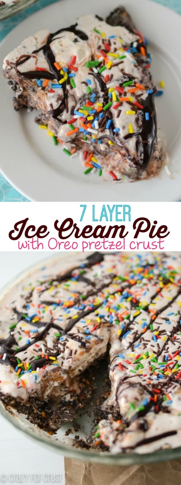 slice of ice cream pie on white plate with hot fudge and sprinkles collage