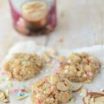 no bake cookies with sprinkles and coffee creamer bottle behind