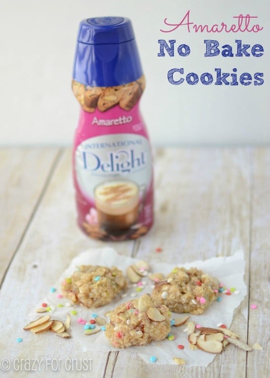 no bake cookies with sprinkles and coffee creamer bottle behind