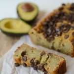 avocado banana bread sliced on parchment paper with avocado behind and words on photo