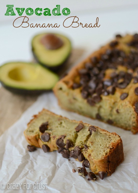 avocado-banana-bread slice on parchment paper with title