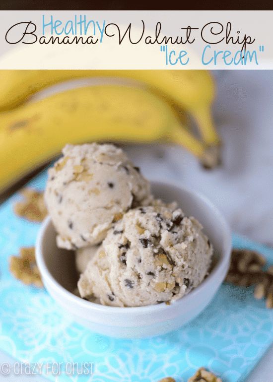 healthy banana nut ice cream in white bowl on teal napkin with bananas behind